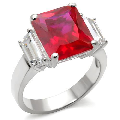 3-Stone 925 Sterling Silver Ring with Synthetic Garnet in Ruby
