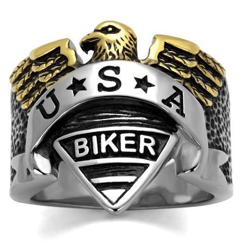 Men's 14k Gold Plated and Stainless Steel Eagle USA Biker Ring